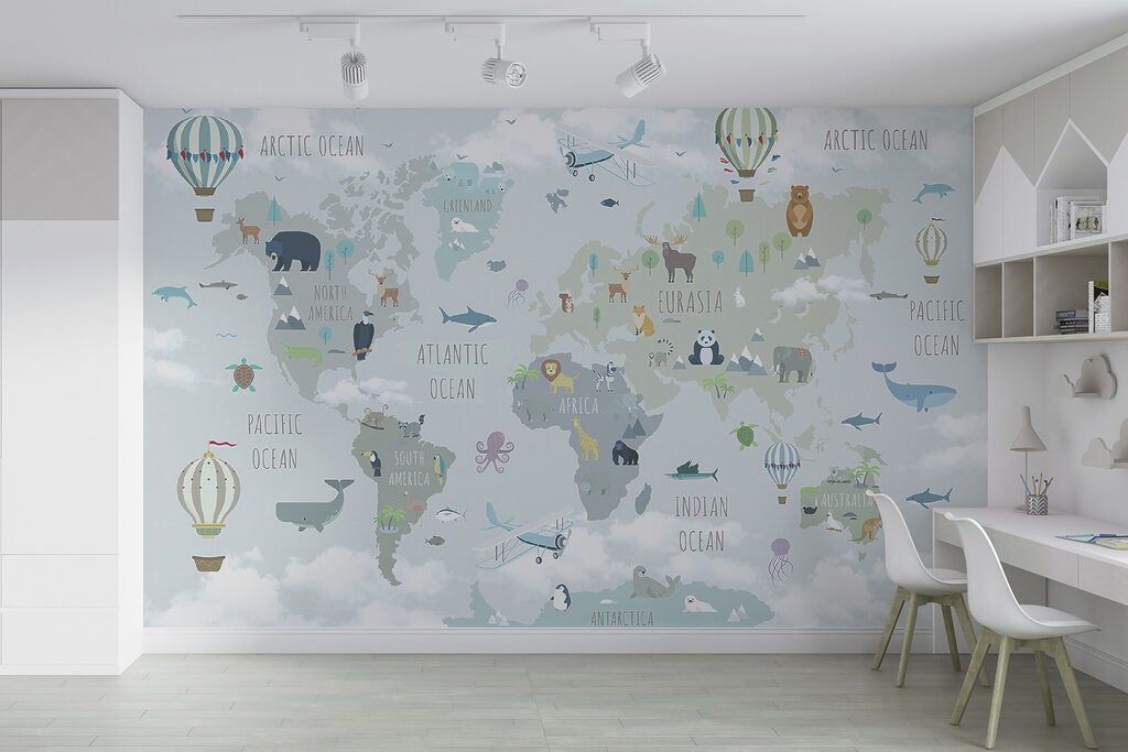 Map of the world with animals and birds Map of the world with animals and birds