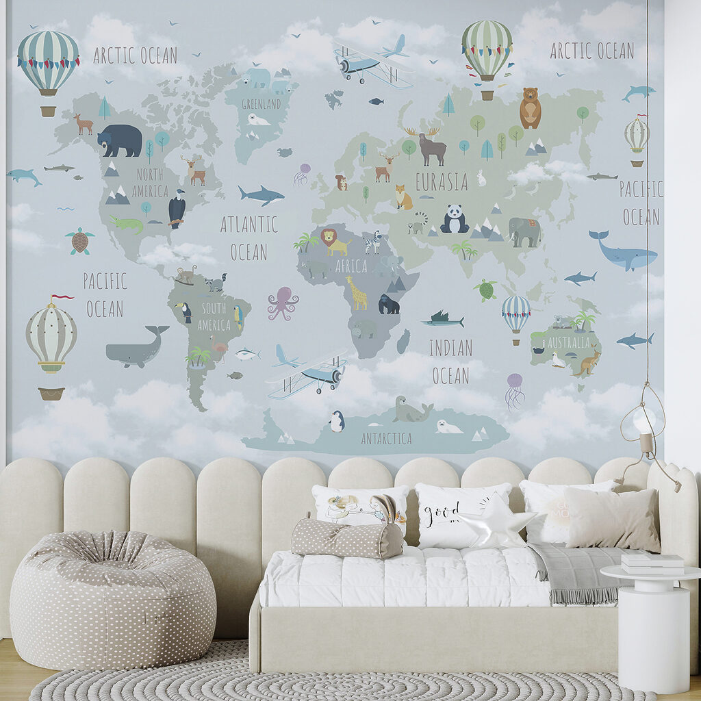 Map of the world with animals and birds Map of the world with animals and birds