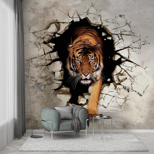 Tiger vychádza z diery v stene Tiger vychádza z diery v stene