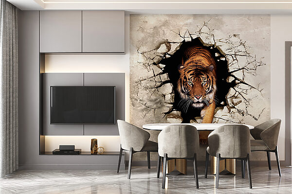 Tiger vychádza z diery v stene Tiger vychádza z diery v stene