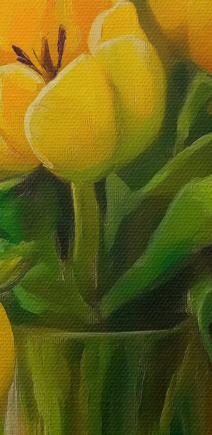 Maľba žltých tulipánov v sklenenej váze