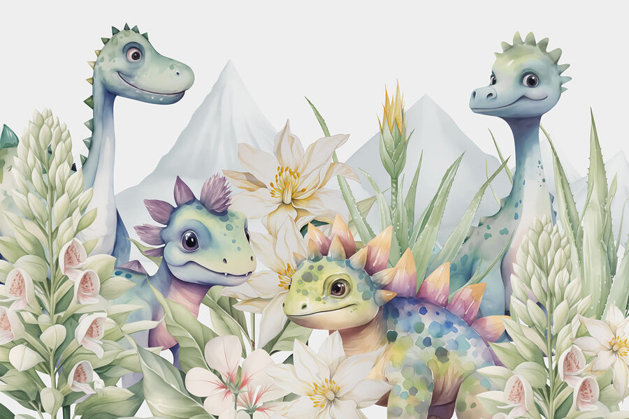 Skupina dinosaurov obklopená kvetmi