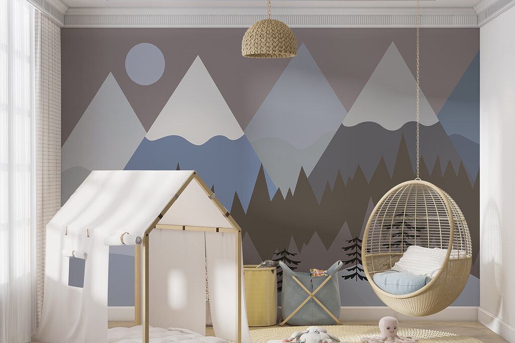 A mountain landscape with trees and snow