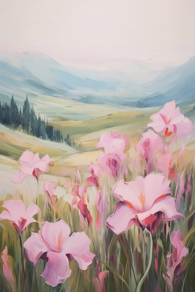 Painting of pink flowers in a field Painting of pink flowers in a field