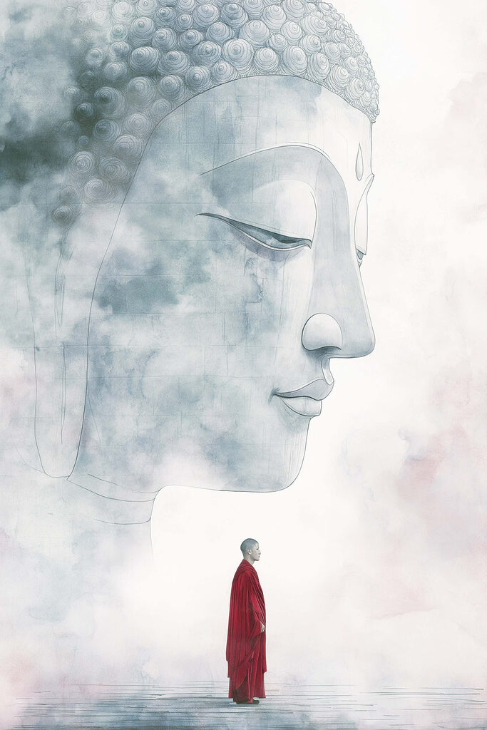 Man standing in front of a large face Man standing in front of a large face