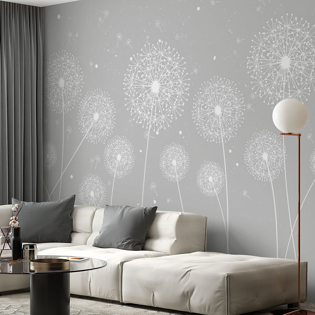 A white dandelions on a grey background