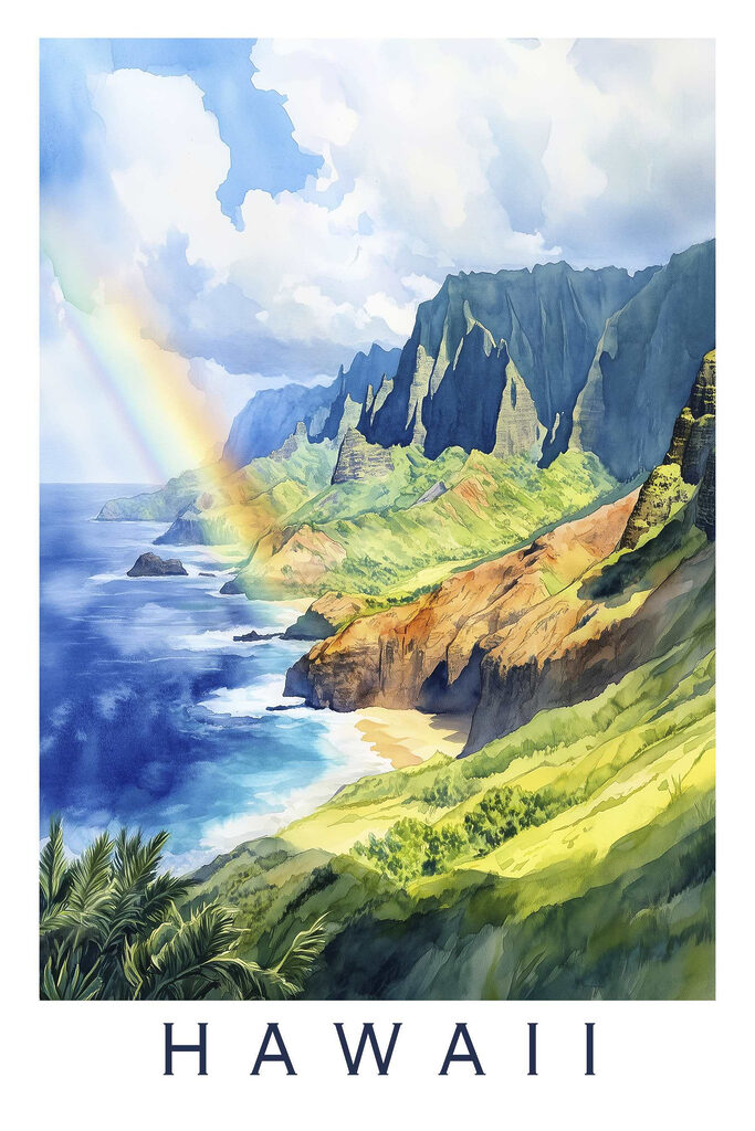 Rainbow over a rocky beach