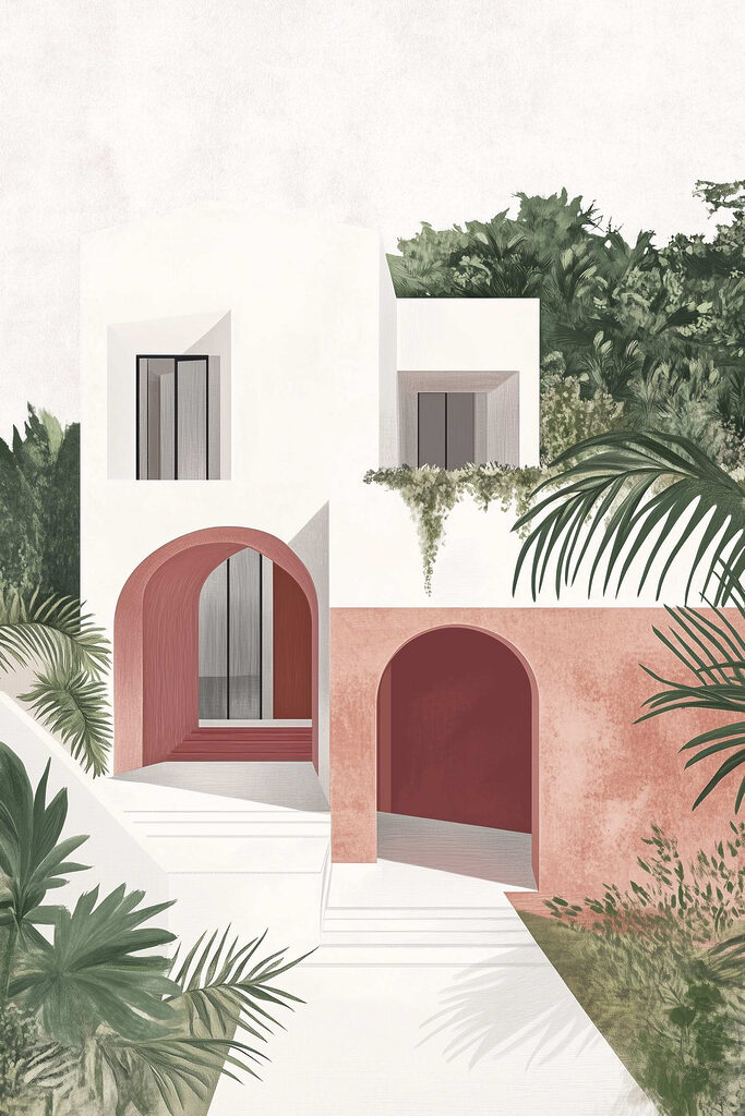 White and pink house with trees White and pink house with trees