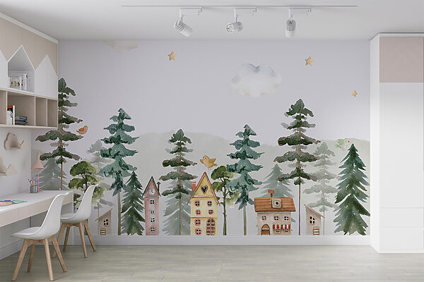 A watercolor painting of houses and trees