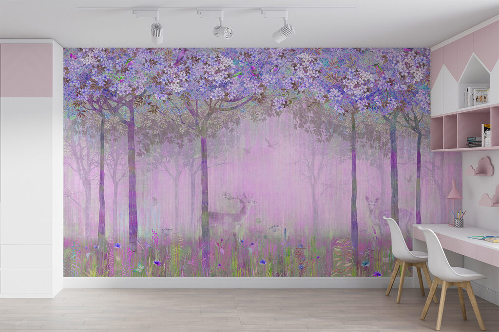 A painting of a forest with flowers A painting of a forest with flowers