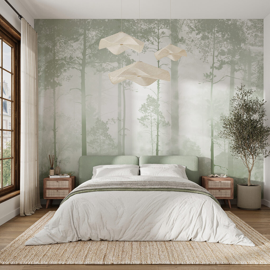 A foggy forest with tall trees