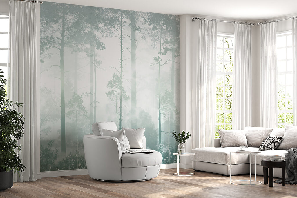 A foggy forest with tall trees