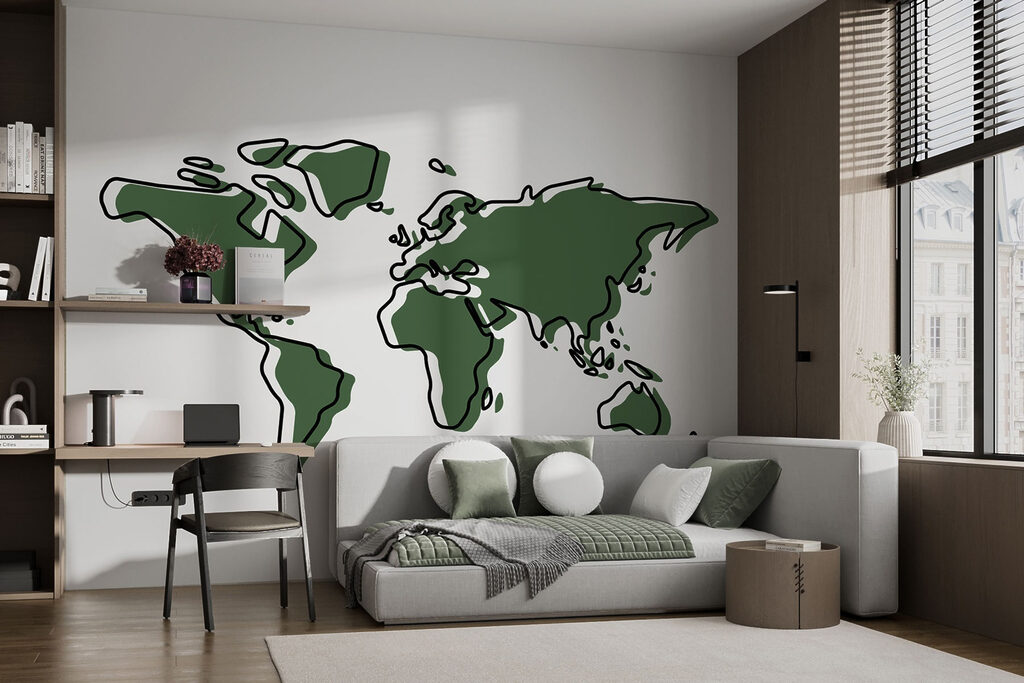 A green and black outline of a world map