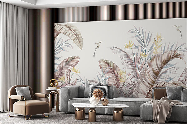 A painting of tropical plants and birds