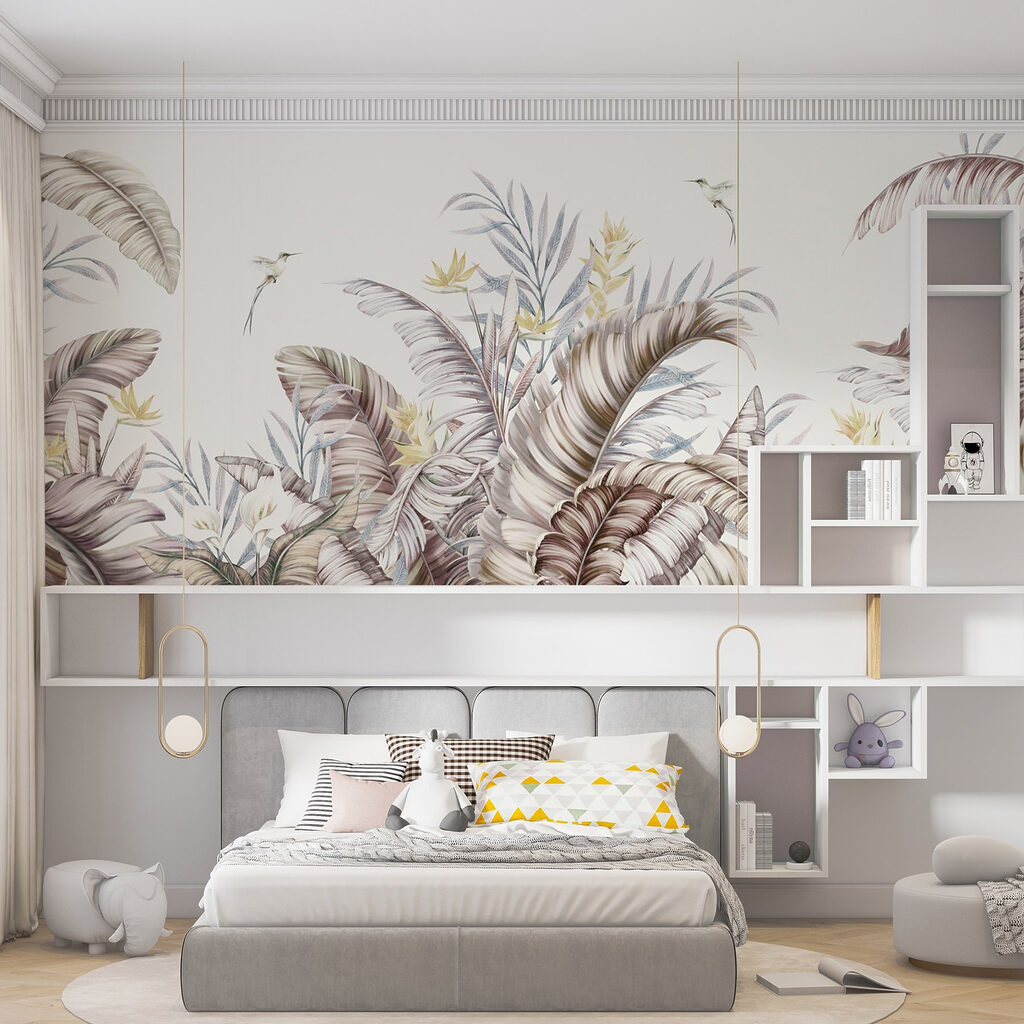 A painting of tropical plants and birds