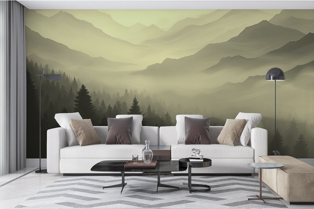 Foggy mountain landscape with trees Foggy mountain landscape with trees