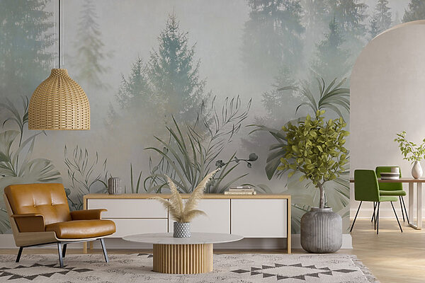 A foggy forest with plants and trees A foggy forest with plants and trees