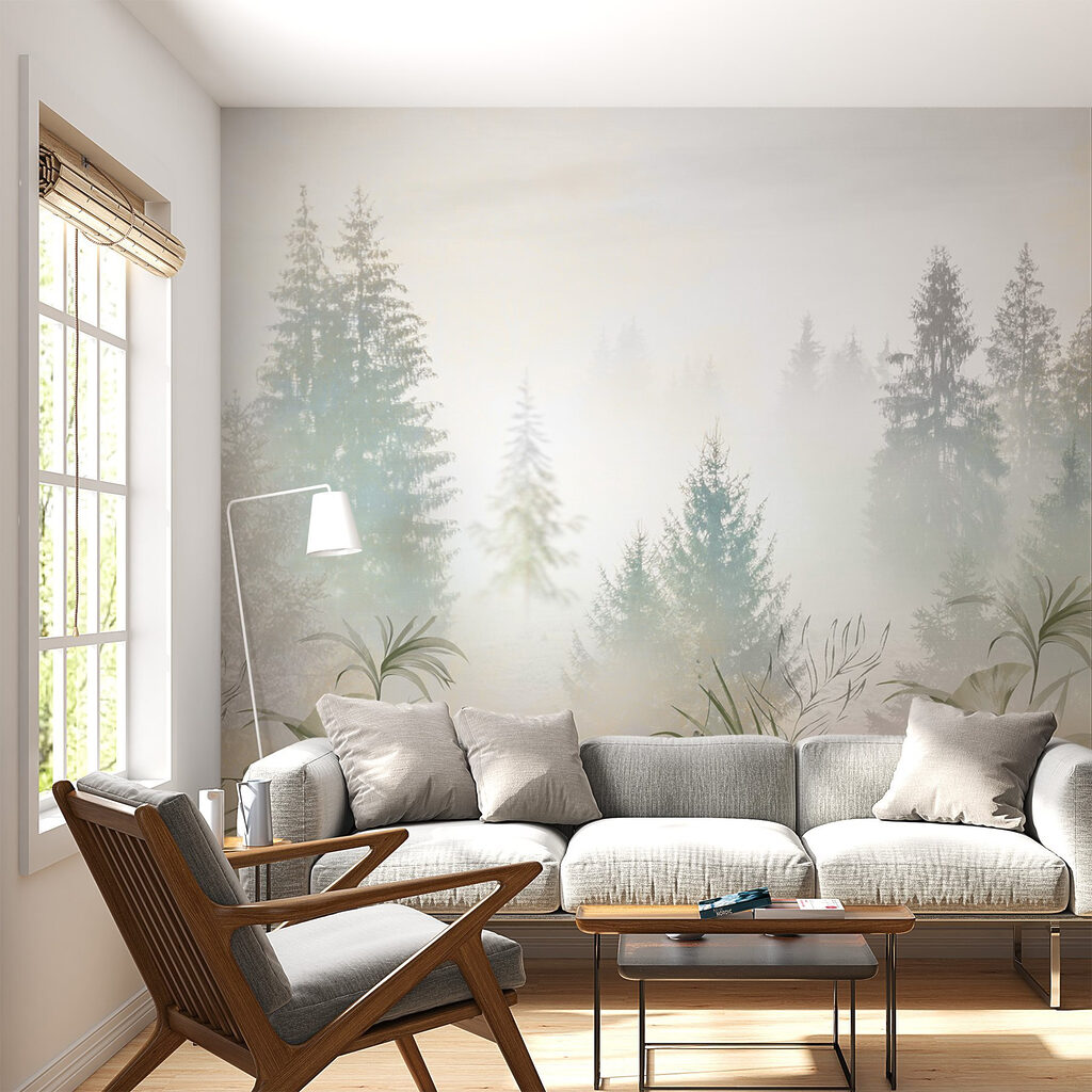 A foggy forest with plants and trees A foggy forest with plants and trees