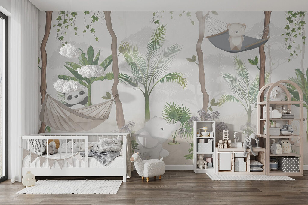 A wallpaper with animals in hammocks in the forest A wallpaper with animals in hammocks in the forest