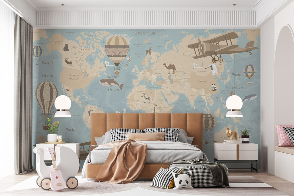 Map of the world with airplanes and hot air balloons Map of the world with airplanes and hot air balloons