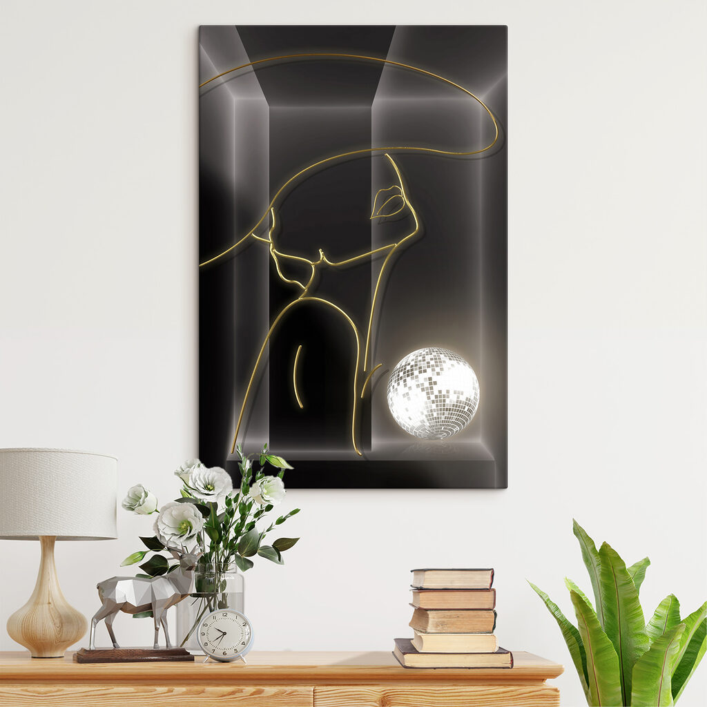 A drawing of a woman with a disco ball A drawing of a woman with a disco ball