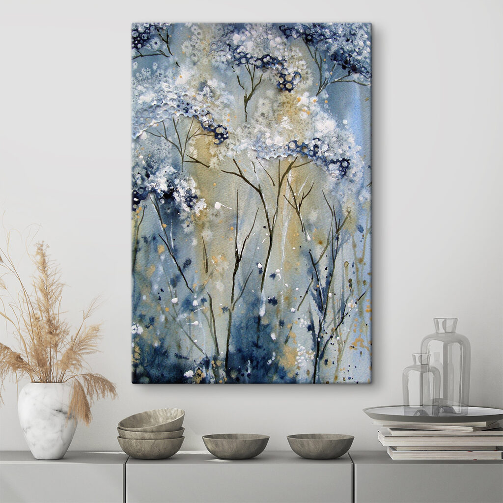 A painting of a white and blue plant