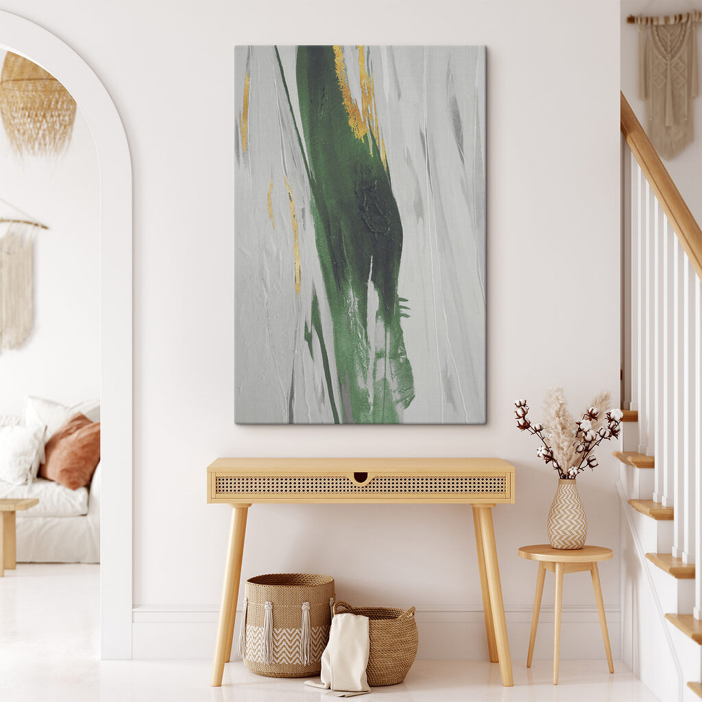 Emerald strokes on textured canvas