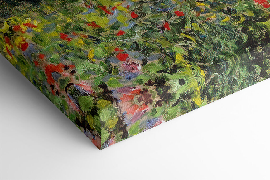 A painting of a garden with flowers and trees