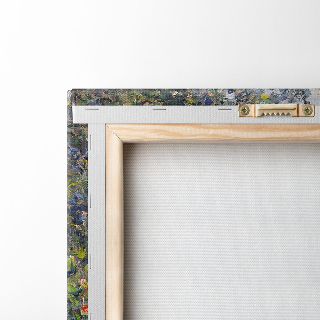 A painting of a garden with flowers and trees