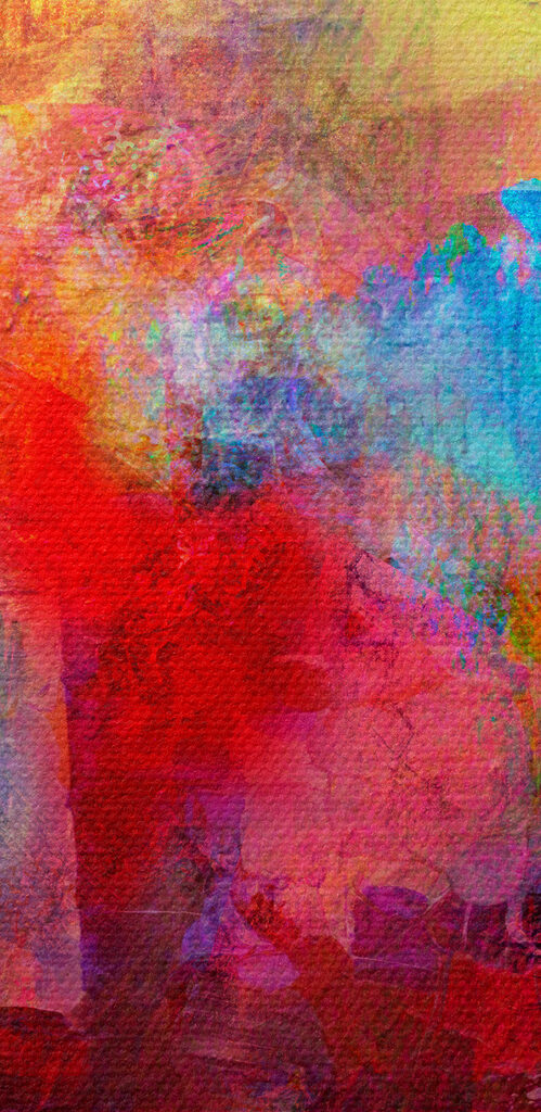 A colorful painting of a city