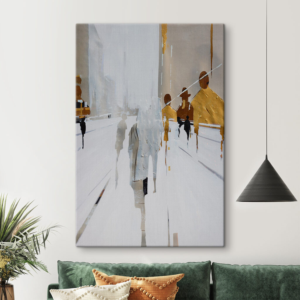 A painting of people walking on a snowy street