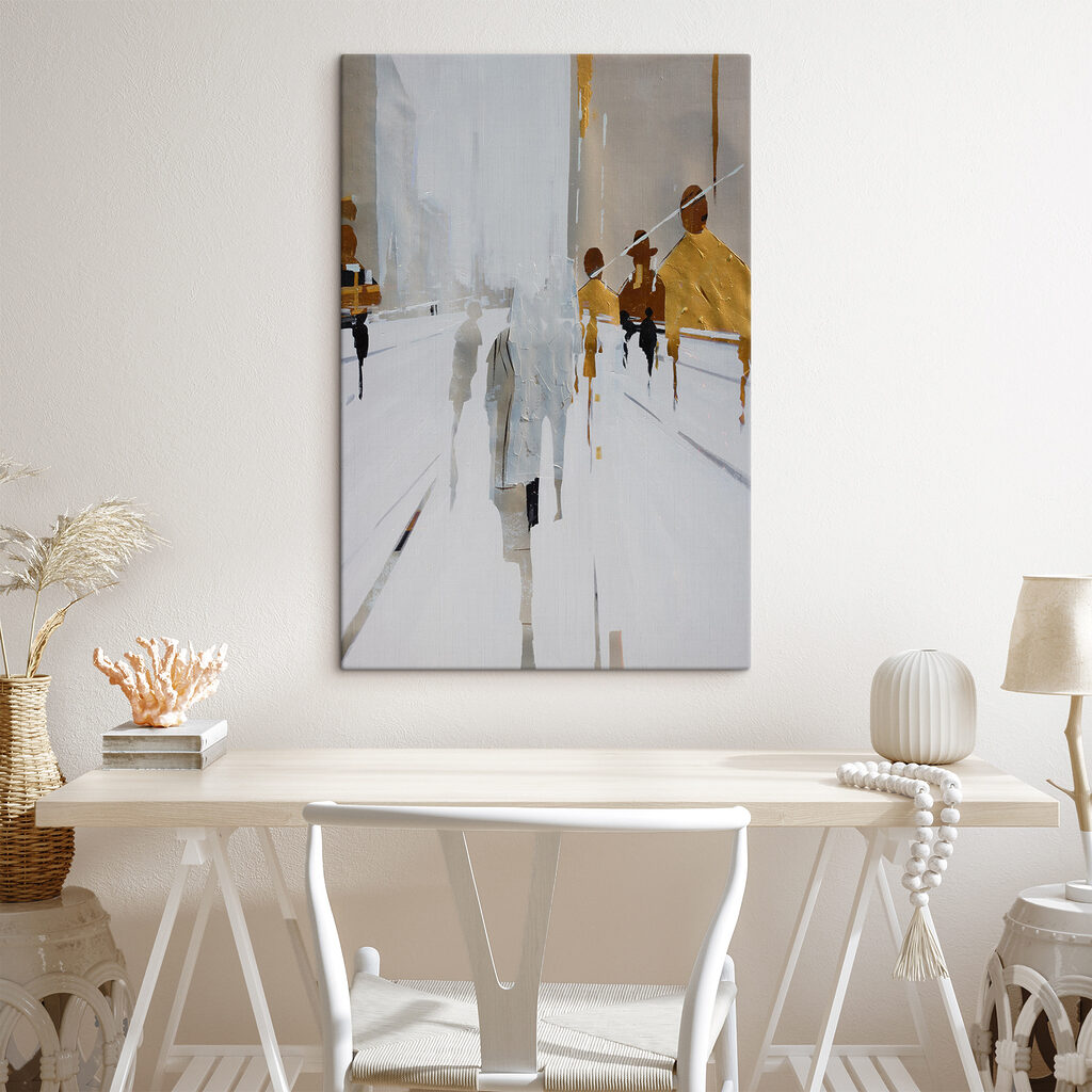 A painting of people walking on a snowy street