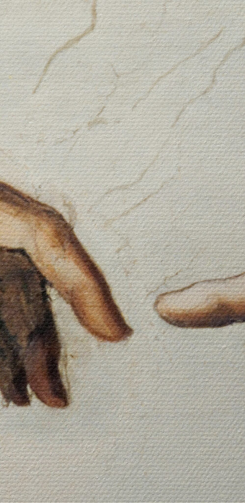 A painting of hands touching each other