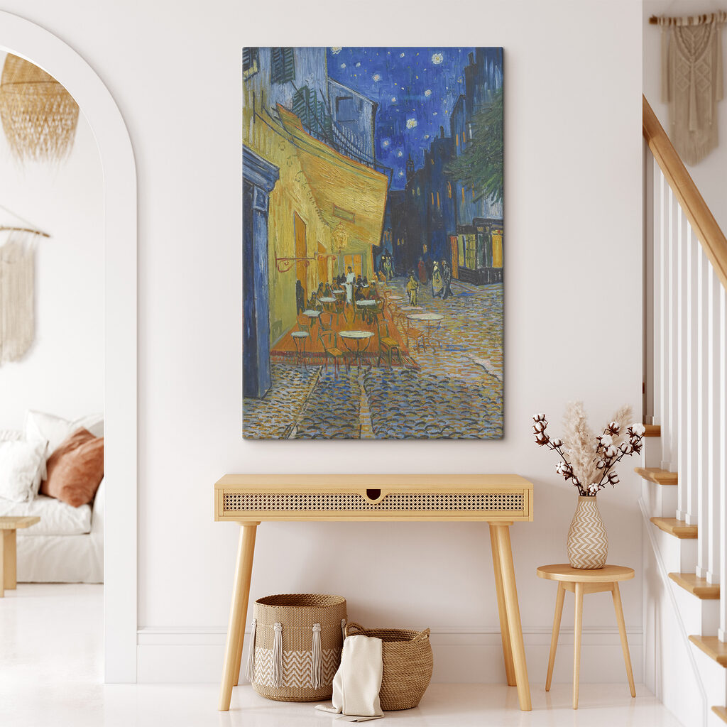 A painting of a street with tables and chairs A painting of a street with tables and chairs