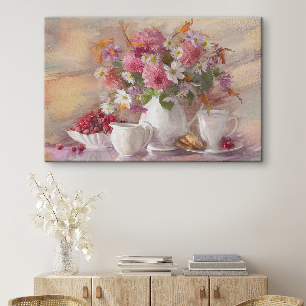 A painting of flowers in a vase and a bowl of food