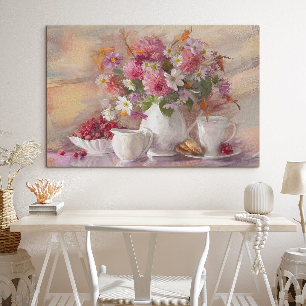 A painting of flowers in a vase and a bowl of food
