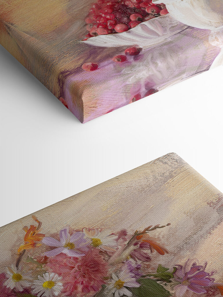 A painting of flowers in a vase and a bowl of food