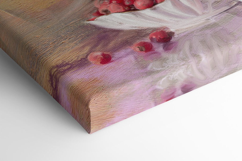 A painting of flowers in a vase and a bowl of food