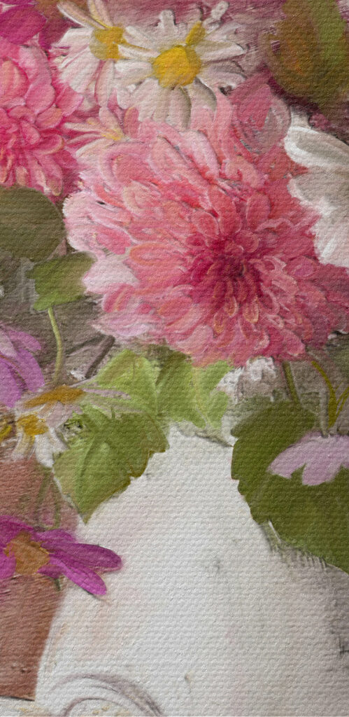 A painting of flowers in a vase and a bowl of food