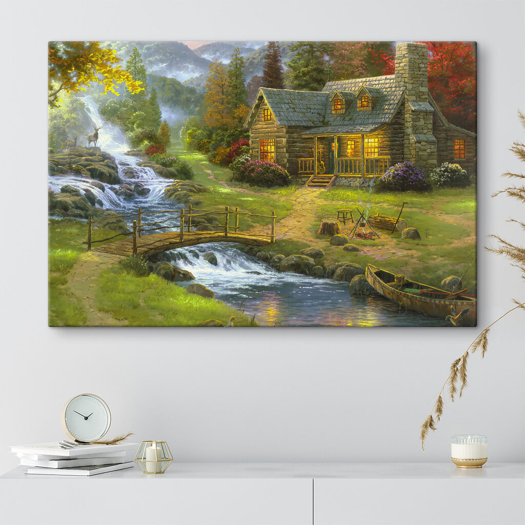 A painting of a log cabin with a bridge over a river A painting of a log cabin with a bridge over a river