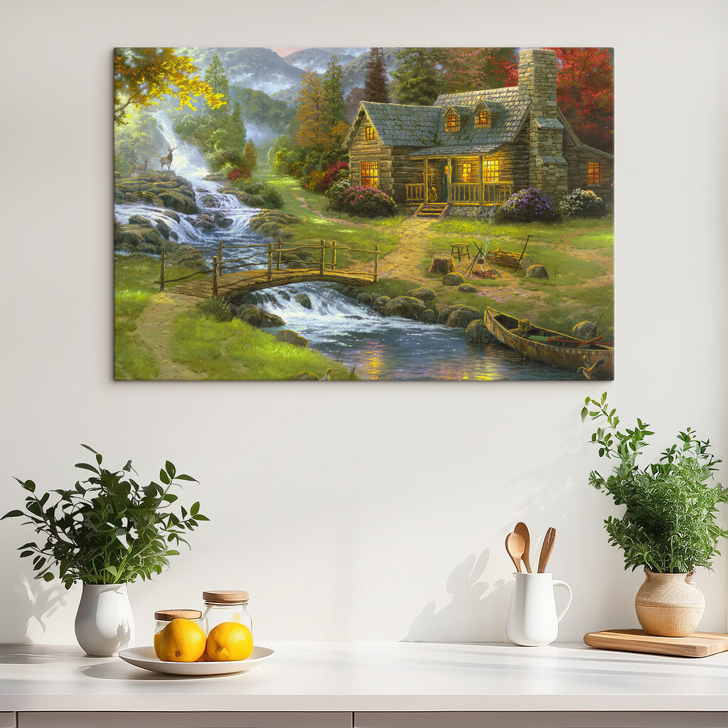 A painting of a log cabin with a bridge over a river A painting of a log cabin with a bridge over a river