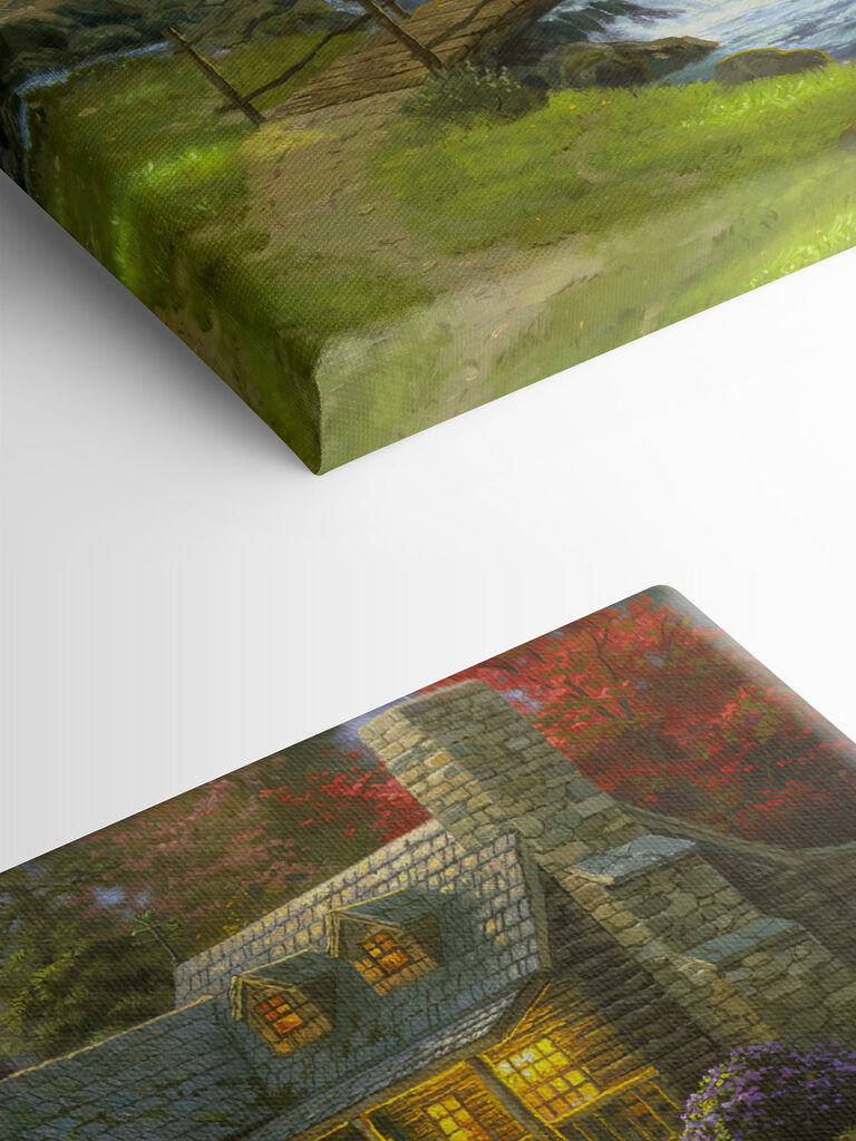 A painting of a log cabin with a bridge over a river A painting of a log cabin with a bridge over a river