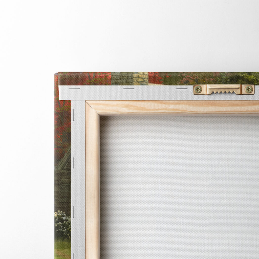 A painting of a log cabin with a bridge over a river A painting of a log cabin with a bridge over a river