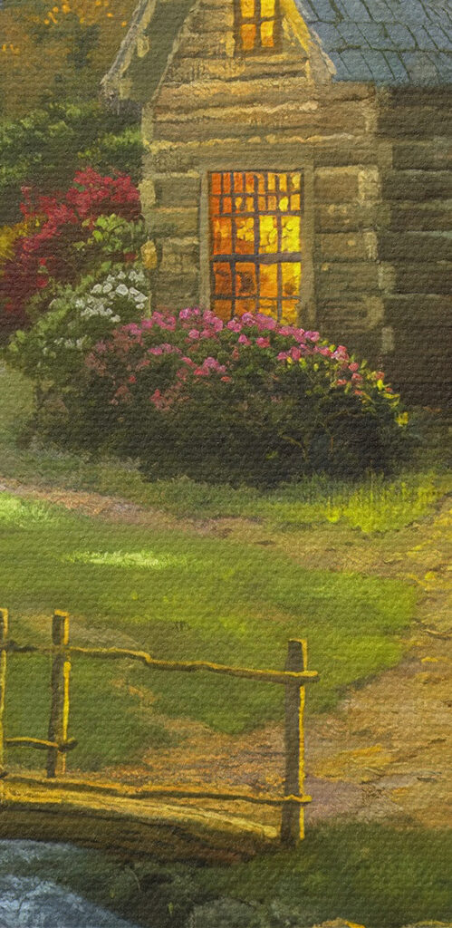 A painting of a log cabin with a bridge over a river A painting of a log cabin with a bridge over a river