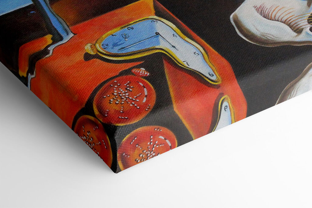 A painting of a cat with a clock on it A painting of a cat with a clock on it