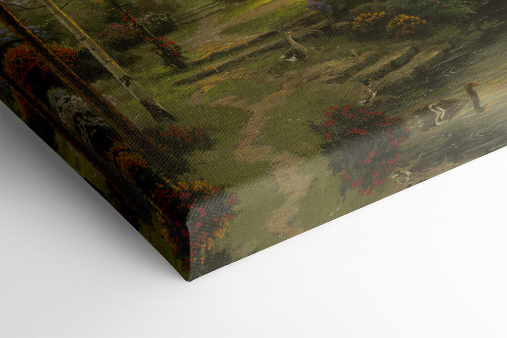 A painting of a cottage by a river