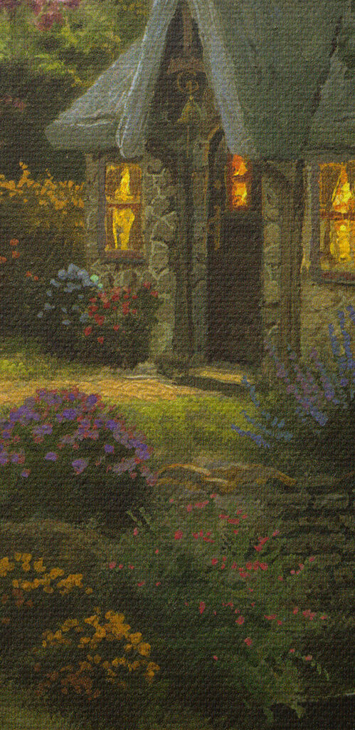 A painting of a cottage by a river