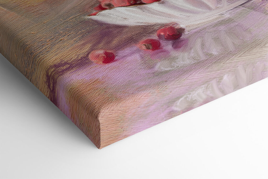 A painting of flowers in a vase and a bowl of croissants