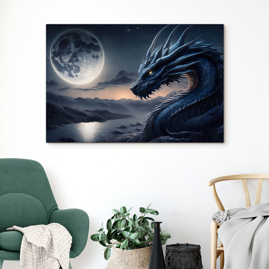 Modrý drak s mesiacom v pozadí