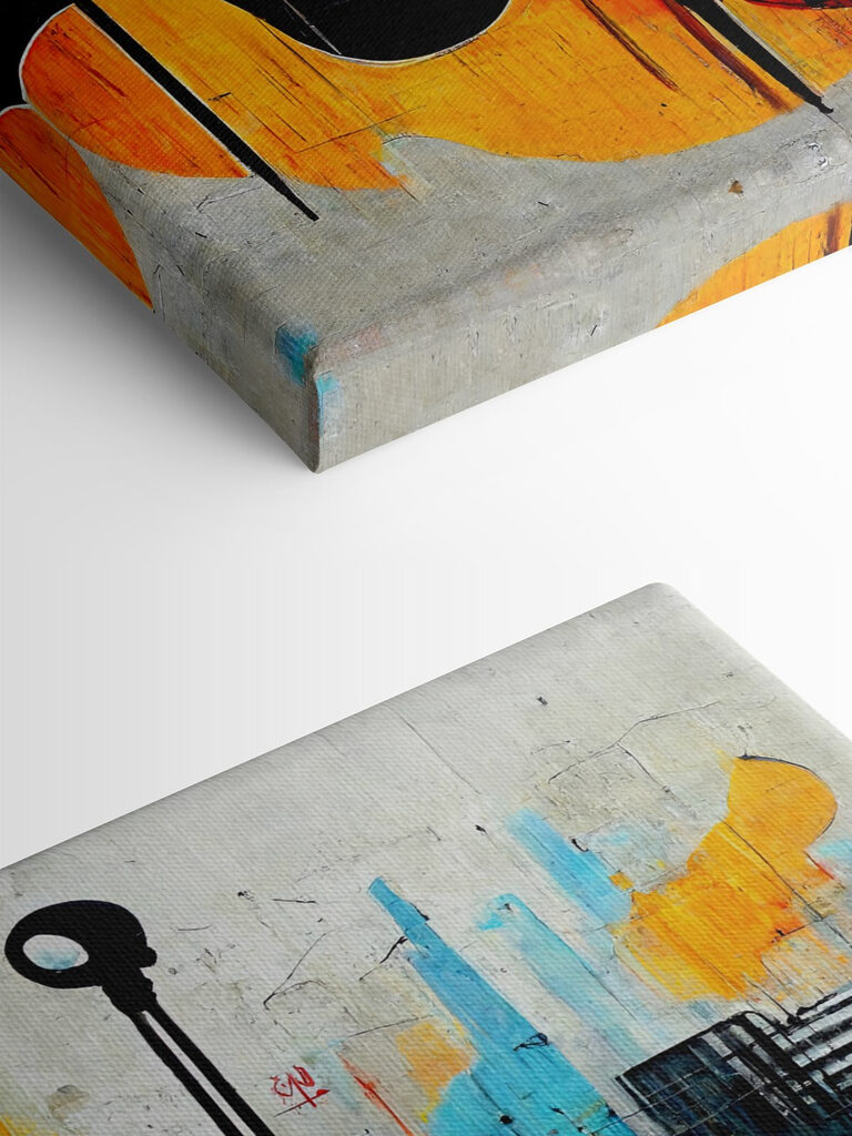 A painting of guitars and instruments